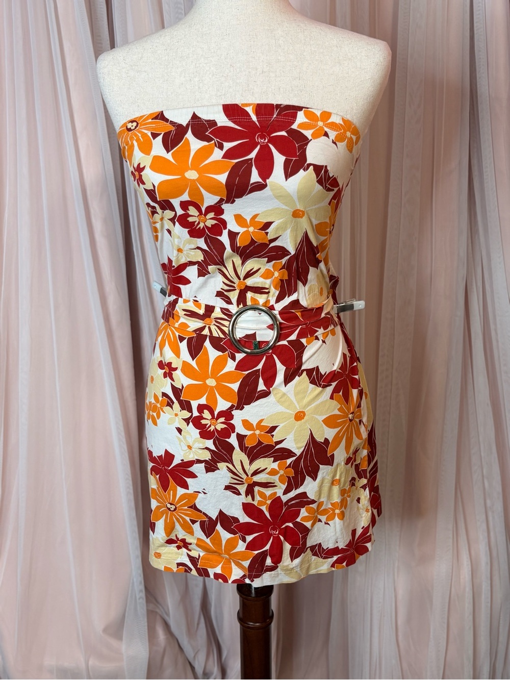 True Y2K, Strapless Floral Belted Mini Dress in Cream, Orange & Red